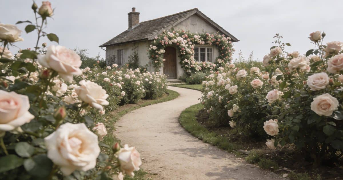 Allée sinueuse bordee de rosiers devant cottage fleuri