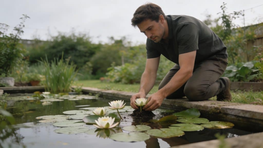 Bassin de jardin avec nympheas homme agenouille plantant