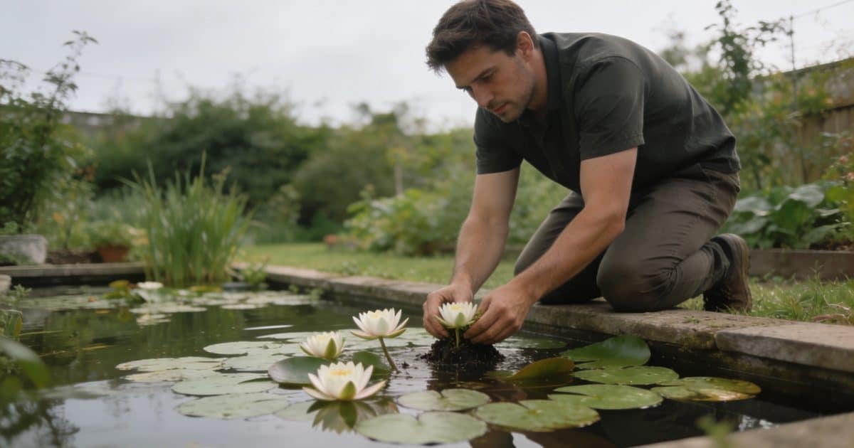 Bassin de jardin avec nympheas homme agenouille plantant