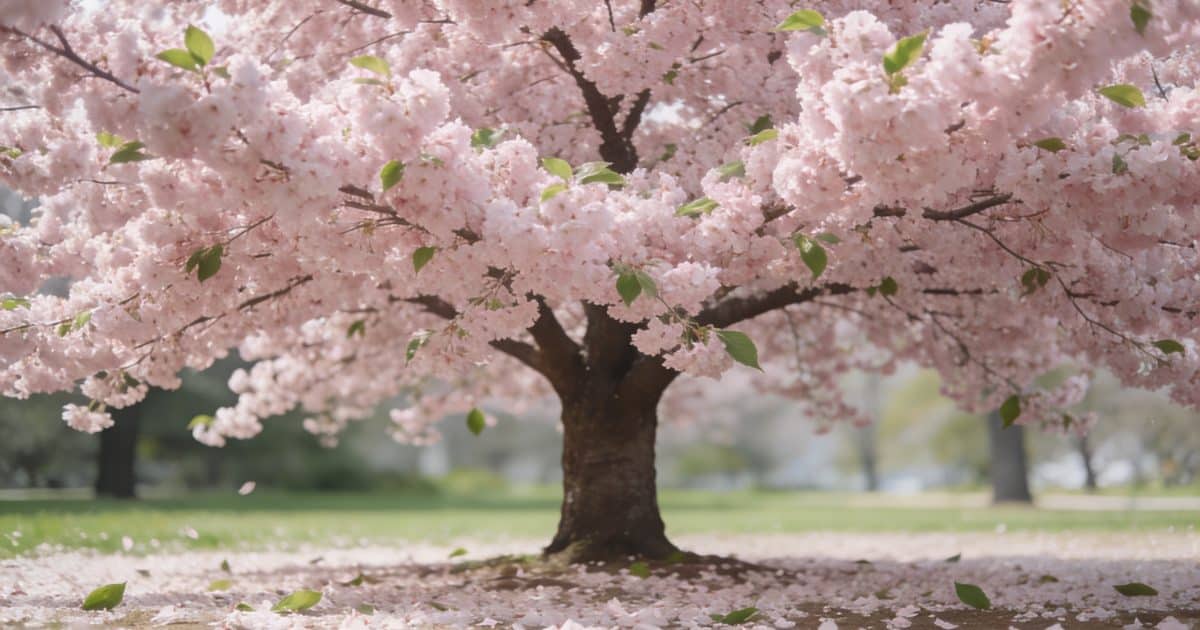 gros cerisier rose en fleurs dans un parc