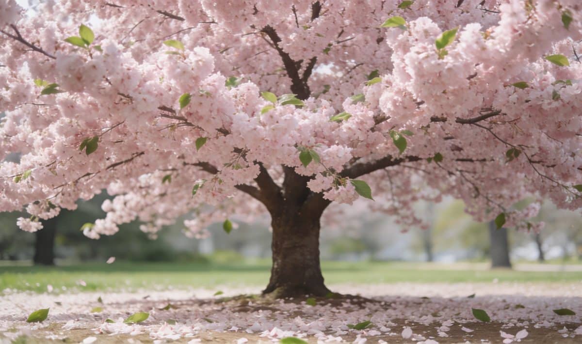 gros cerisier rose en fleurs dans un parc