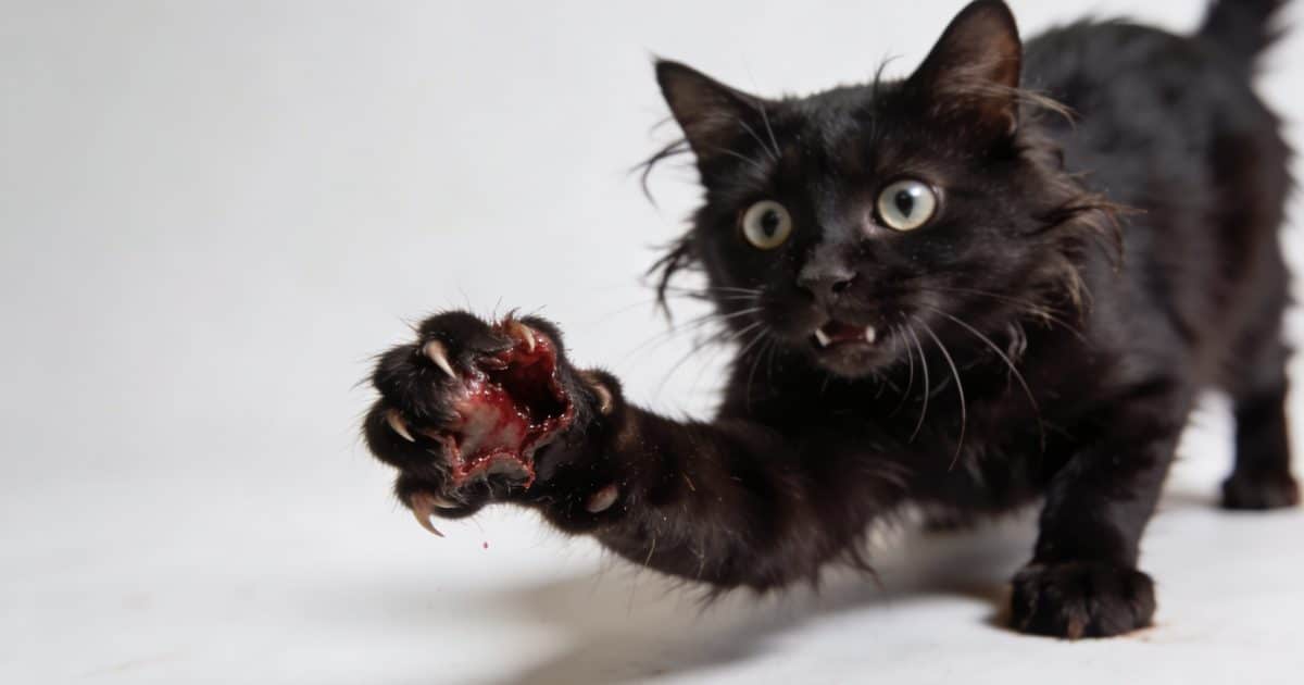 Chat noir affole montrant patte mordue et saignante