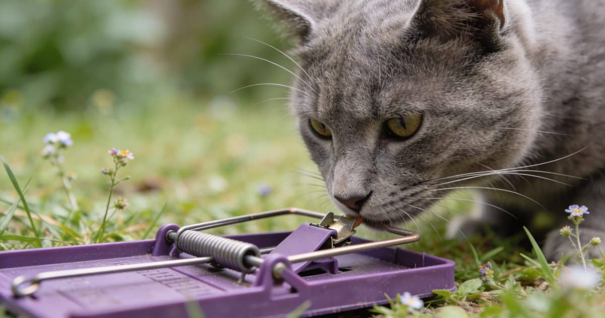 Chat reniflant piege a rat violet dans jardin