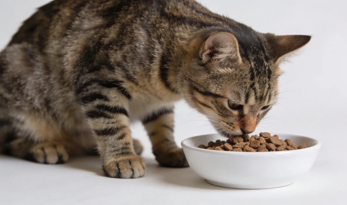 Chat tachete mange croquettes digestes pres bol blanc