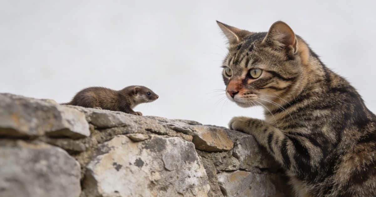Chat tachete observe une fouine sur un mur