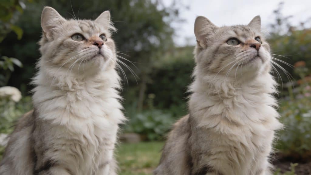 Deux chats dressés poils herisses dans un jardin