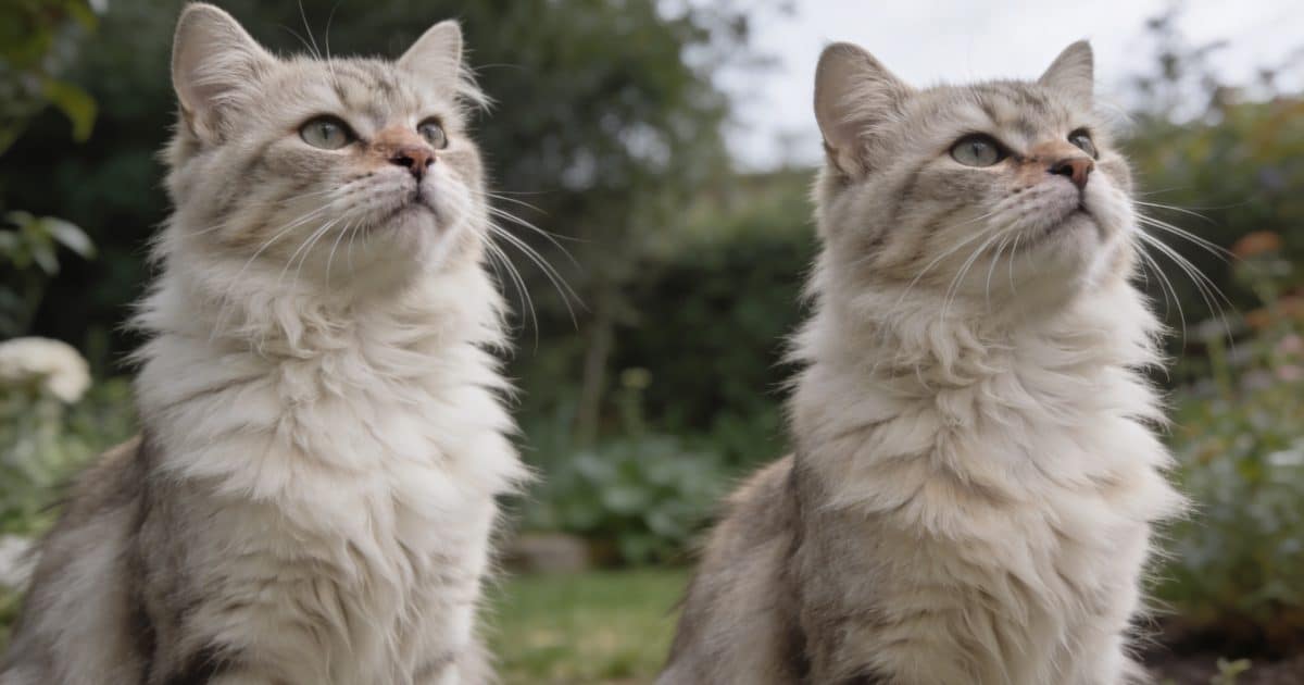 Deux chats dressés poils herisses dans un jardin