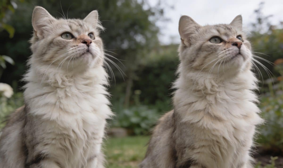 Deux chats dressés poils herisses dans un jardin