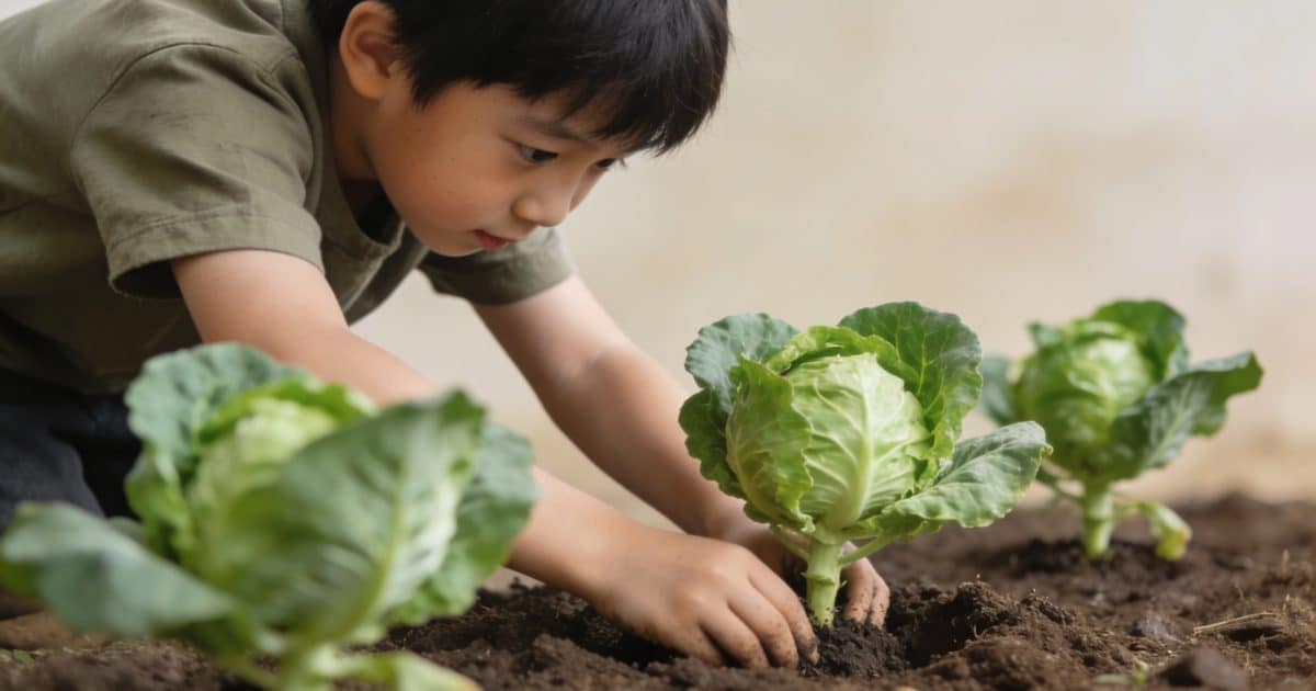 enfant courbe plantant de jeunes choux verts