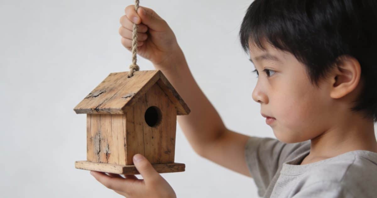 enfant tenant un nichoir en bois suspendu