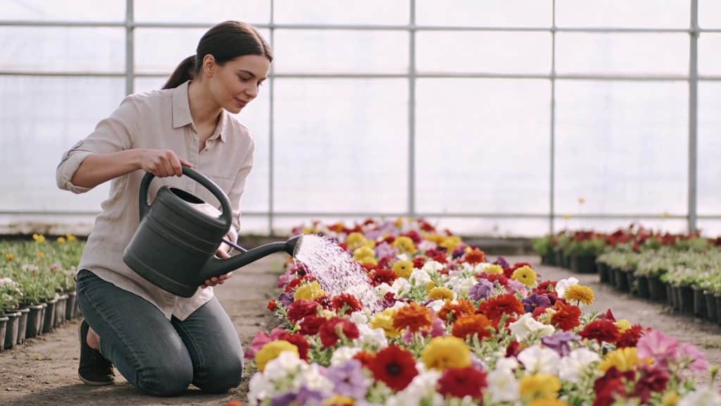 femme agenouillee arrosant massifs de fleurs colorées