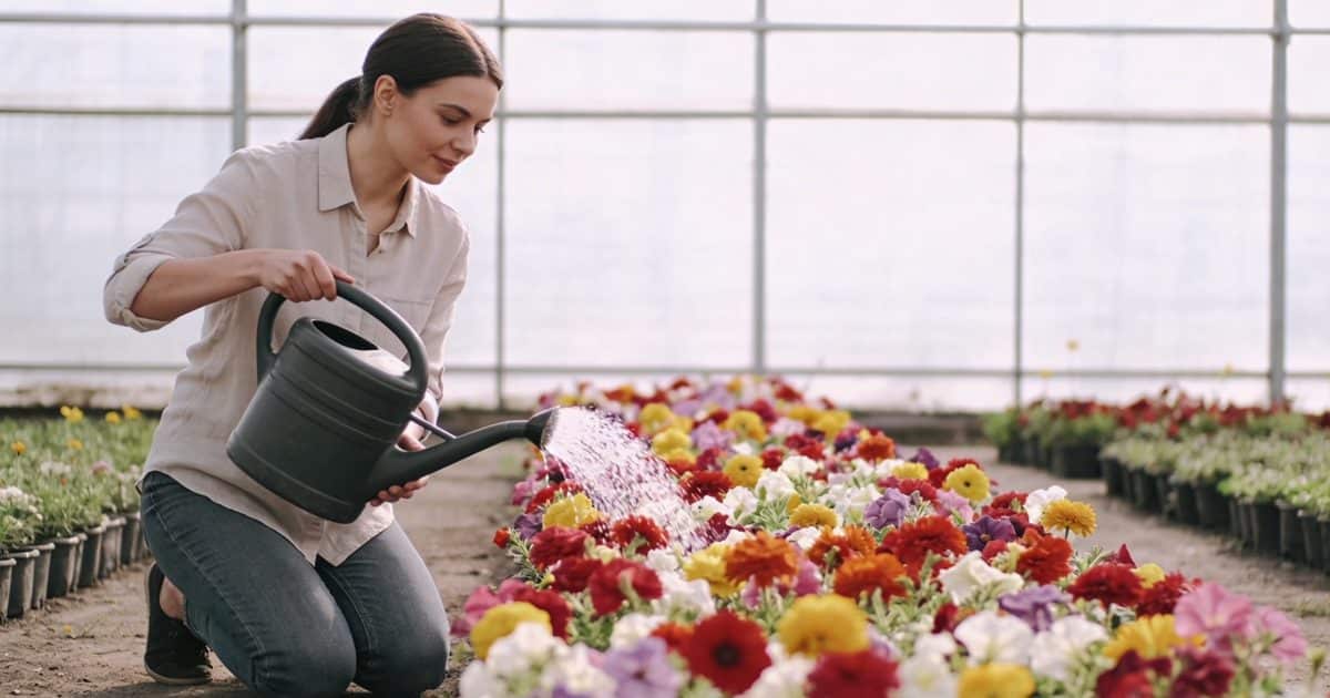femme agenouillee arrosant massifs de fleurs colorées
