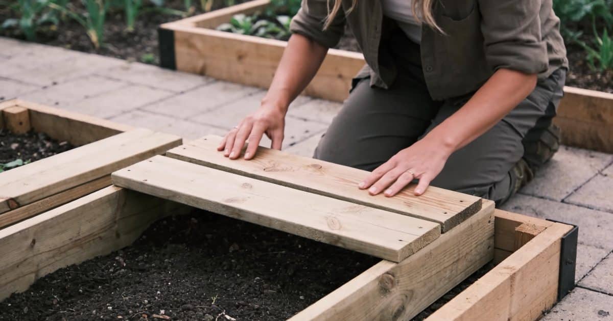 femme agenouillée assemble des planches bois bac jardin