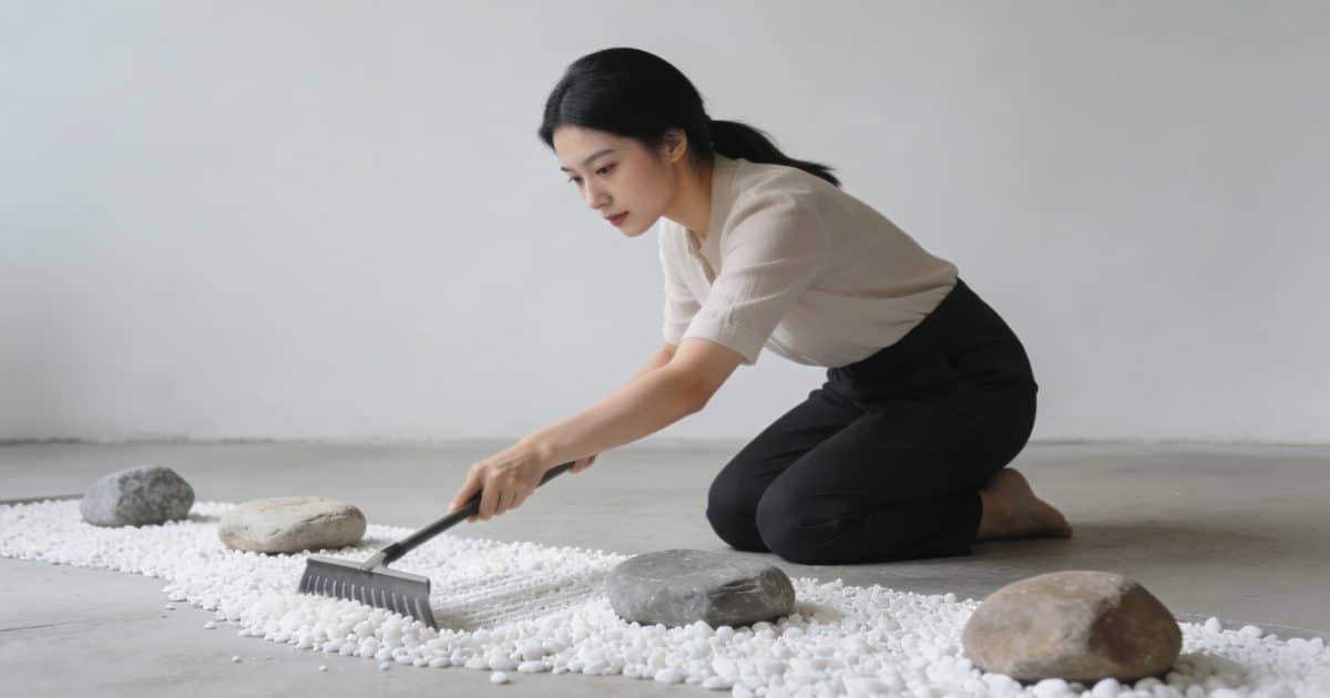 Femme agenouillée rasant gravier blanc autour pierres
