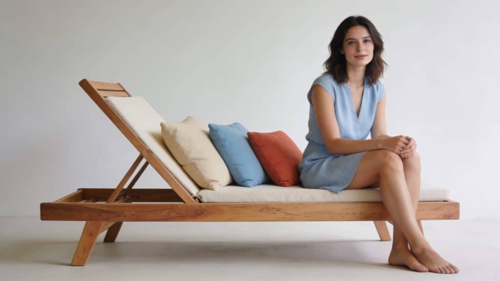 Femme assise sur transat en bois, coussins colorés