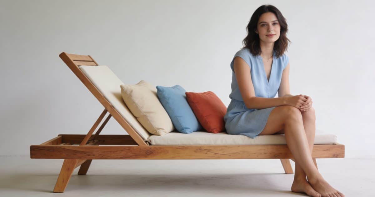 Femme assise sur transat en bois, coussins colorés