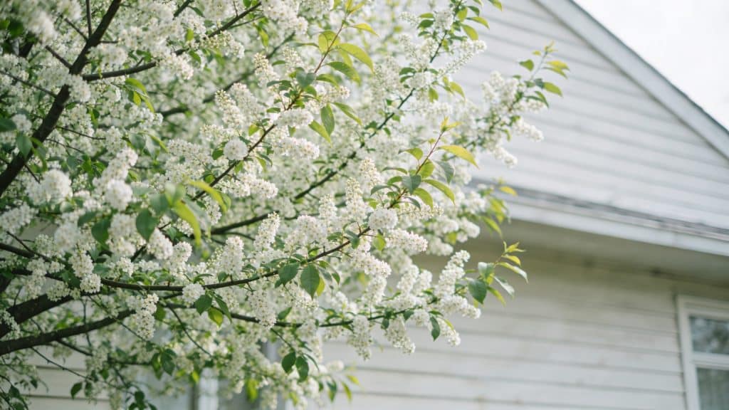 Gros arbre savonnier en fleurs pres dune maison