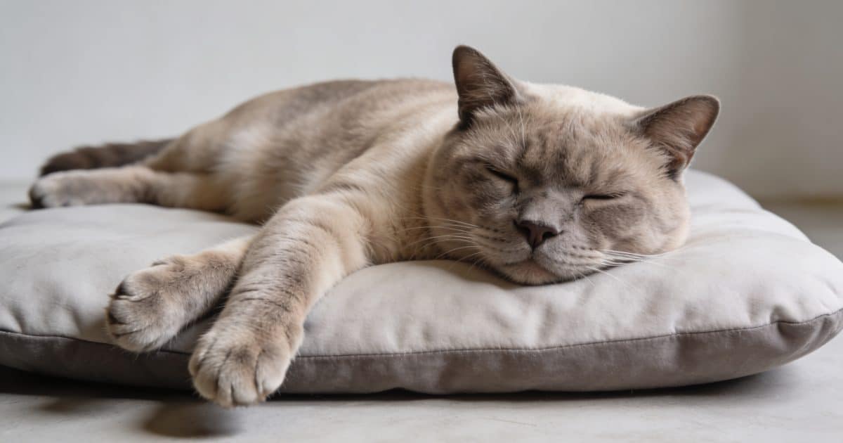 gros chat au museau plat allonge sur coussin