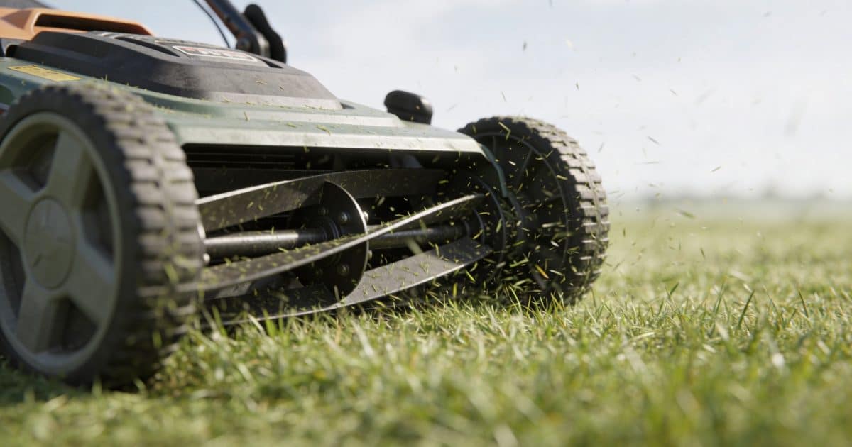Gros plan sur une tondeuse mulching coupant lherbe