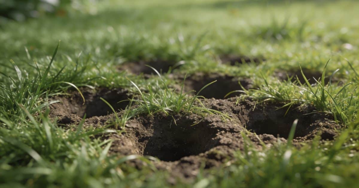 Gros plan sur trous dans pelouse jardin verdoyant