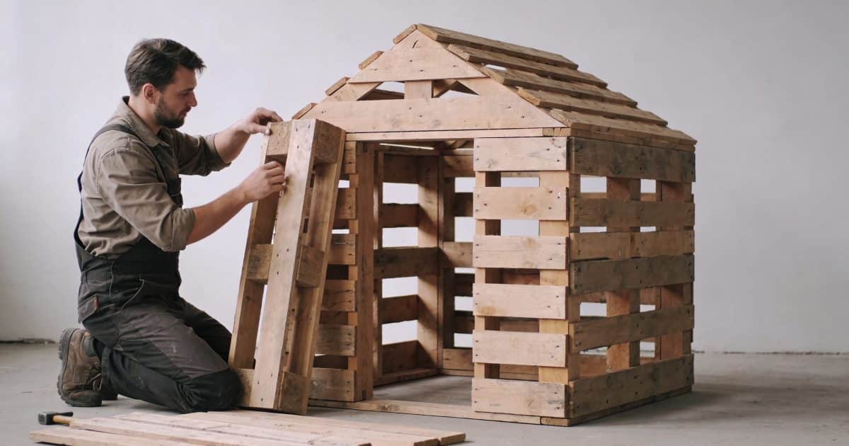 Homme agenouille assemble des palettes bois en cabane