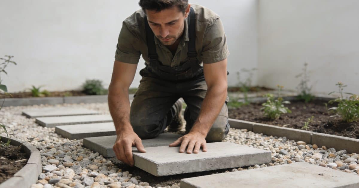 homme agenouille posant dalles beton sur gravier jardin