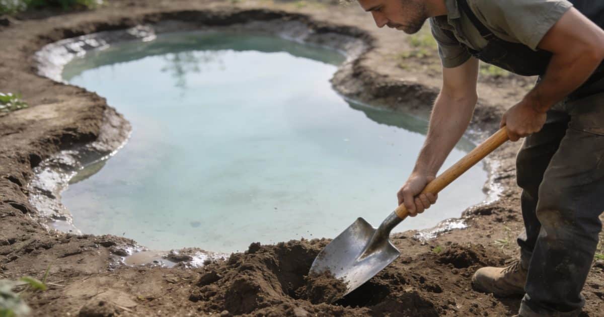 Homme creusant un etang de jardin avec pelle
