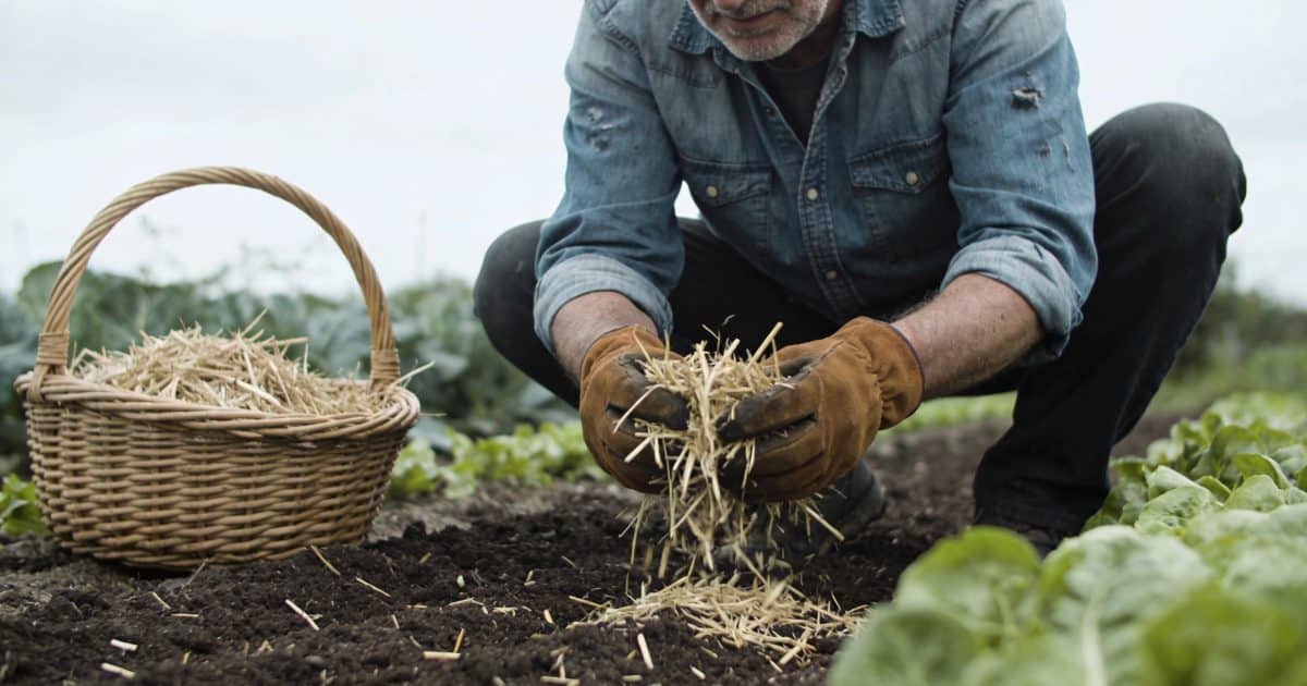 jardinier accroupi etalant du paillis fait maison