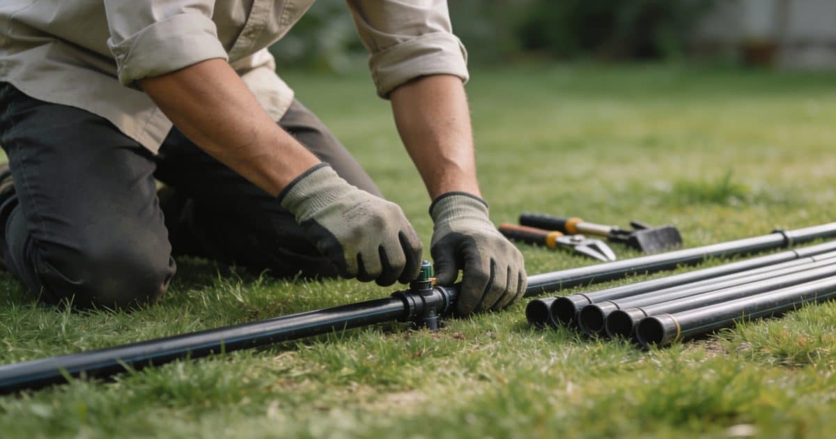 jardinier agenouille installe tuyaux arrosage sol pelouse