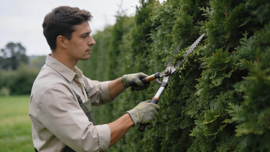 jardinier taille une haie de thuya haute