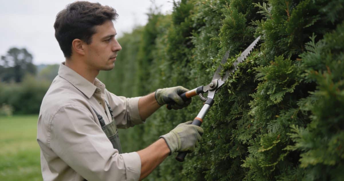 jardinier taille une haie de thuya haute
