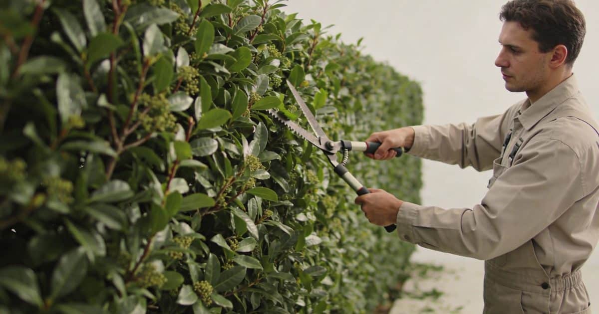 jardinier taille une longue haie de lauriers verts