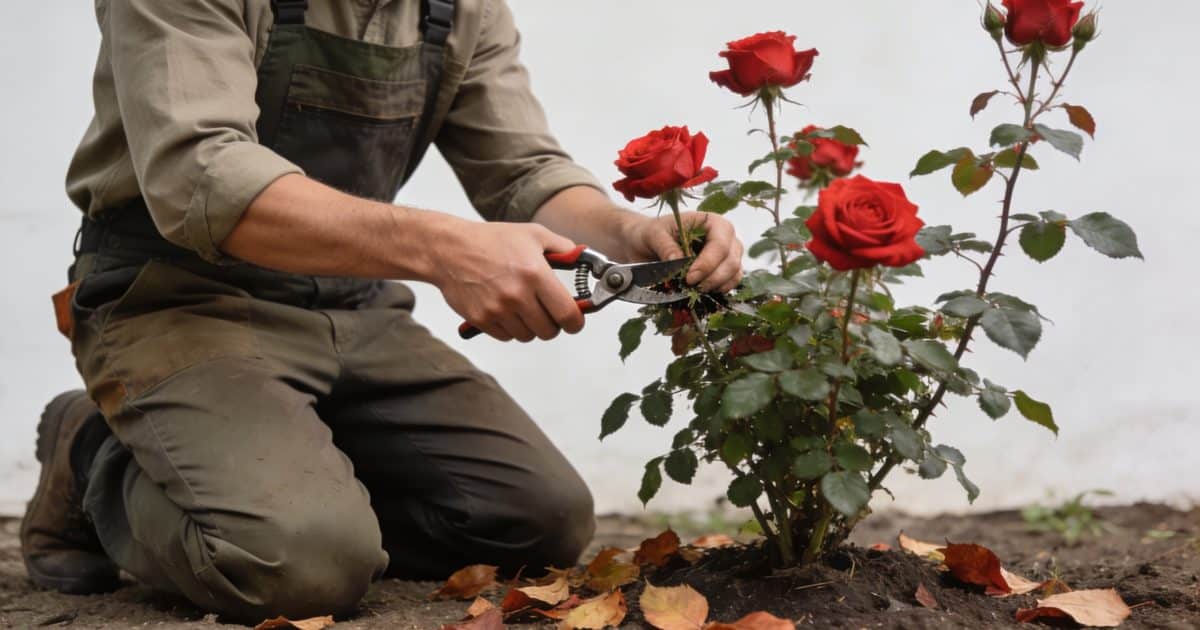 jardinier agenouille taille rosier rouge feuilles tombees