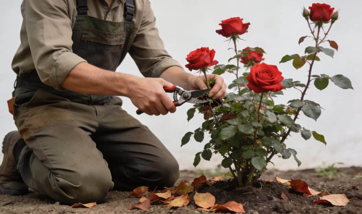 jardinier agenouille taille rosier rouge feuilles tombees