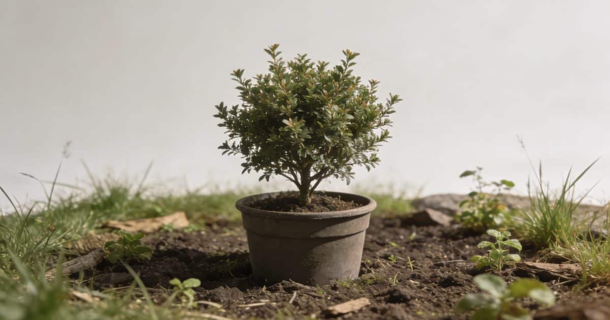 Jeune arbuste en pot au centre dun petit jardin