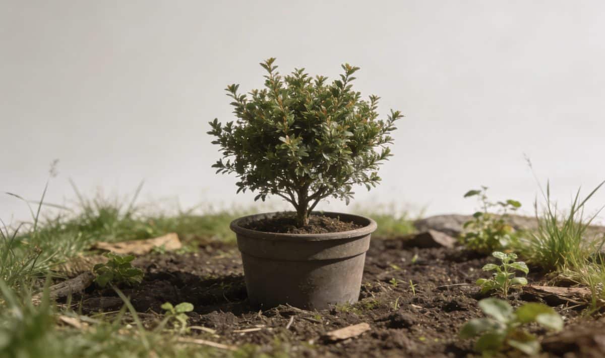 Jeune arbuste en pot au centre dun petit jardin