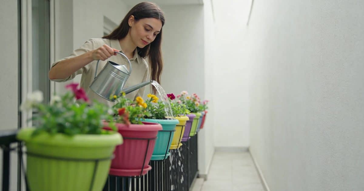 jeune femme arrosant des jardinières colorées sur balcon étroit