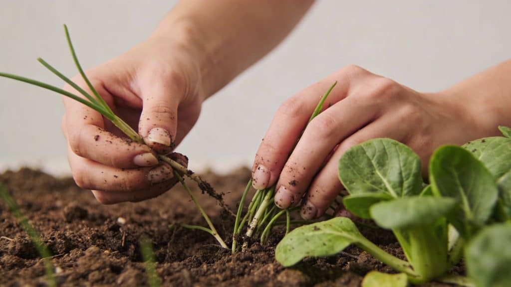 Mains arrachant des mauvaises herbes dans un potager