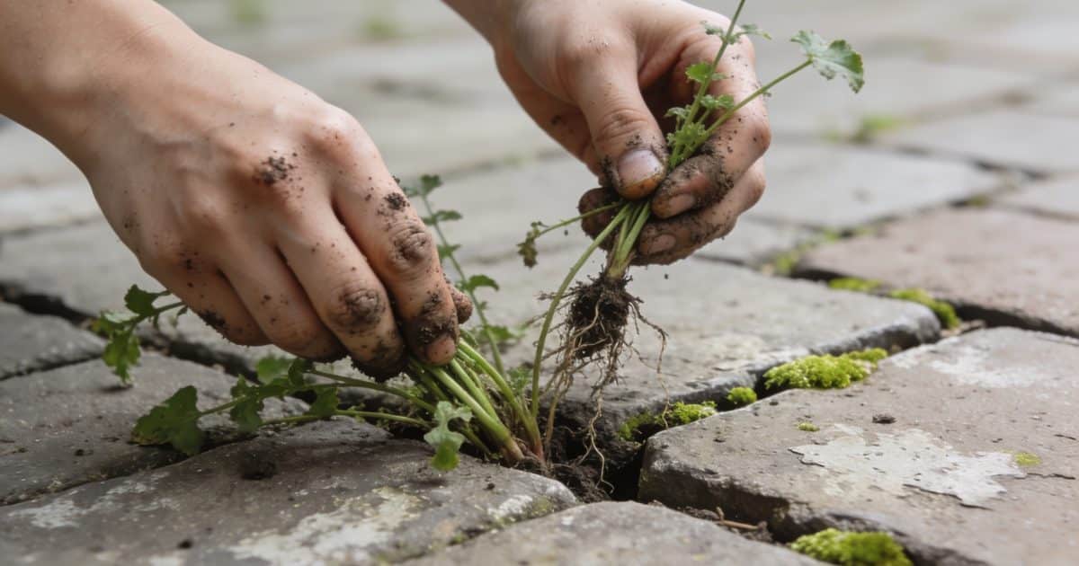 mains arrache mauvaises herbes entre pavés du jardin