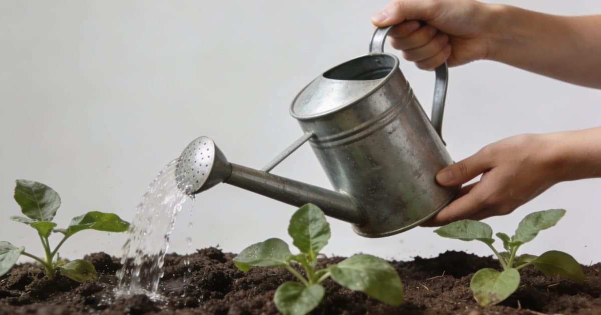Mains arrosant des plantes avec un arrosoir économique