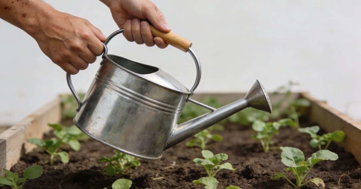 mains offrant un arrosoir neuf dans potager