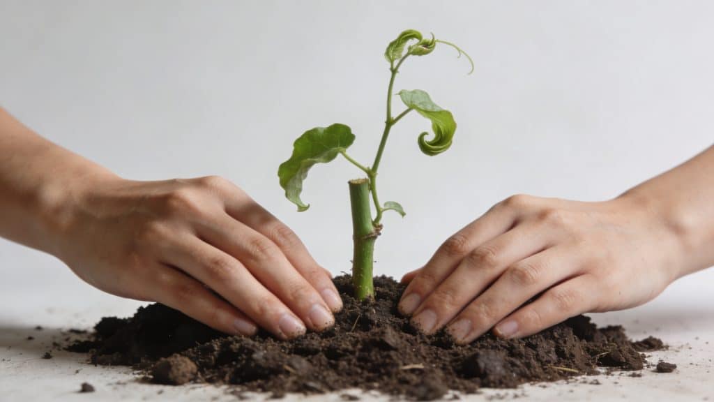 Mains plantant une bouture de vigne verte