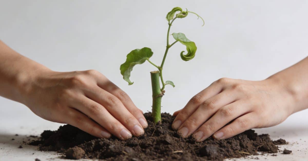Mains plantant une bouture de vigne verte