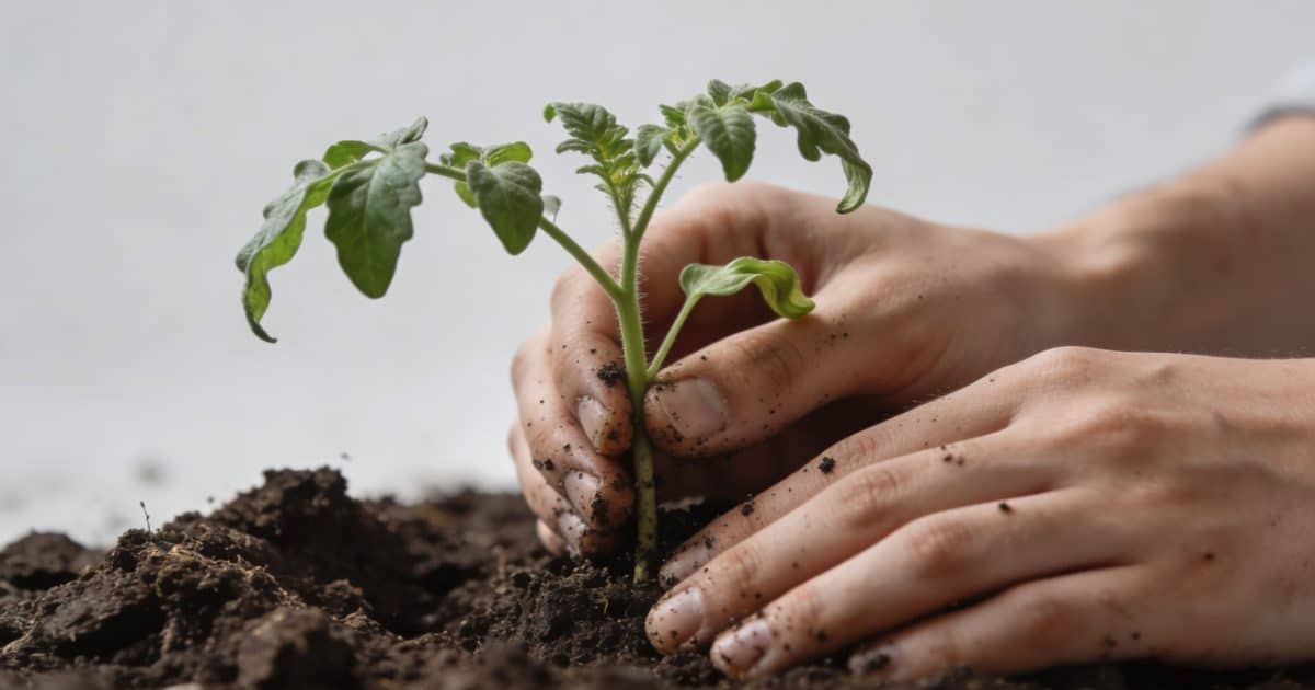 Mains plantant un jeune plant de tomate