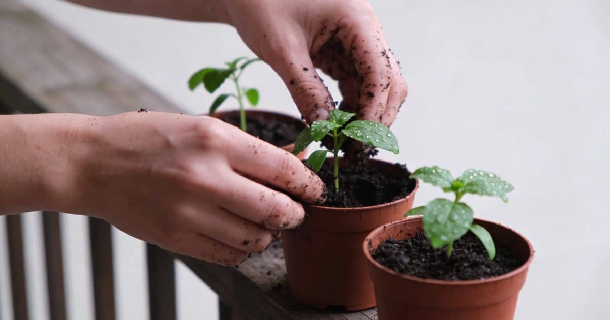 Mains plantant de jeunes herbes en pot sur balcon