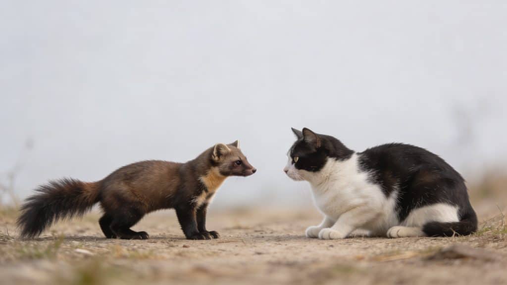 Martre sauvage face a un chat domestique