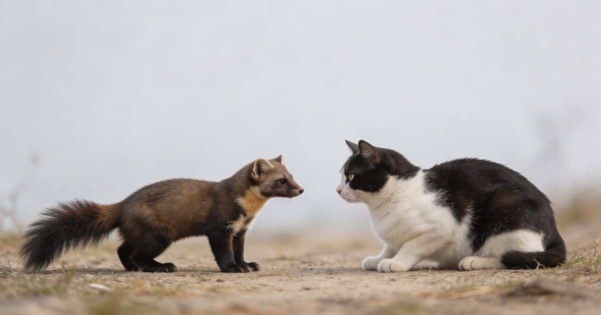 Martre sauvage face a un chat domestique