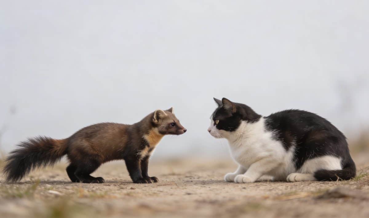 Martre sauvage face a un chat domestique