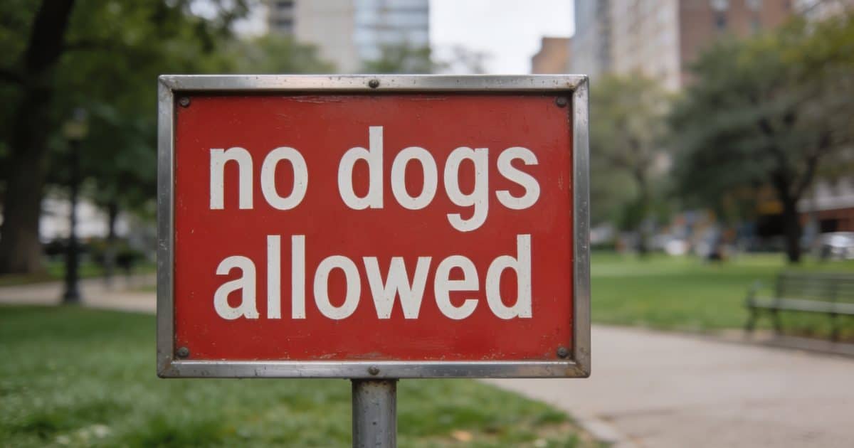 panneau interdit chien rouge devant parc urbain