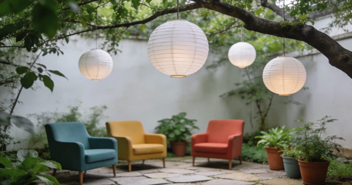 petit jardin avec fauteuils colorés lanternes suspendues